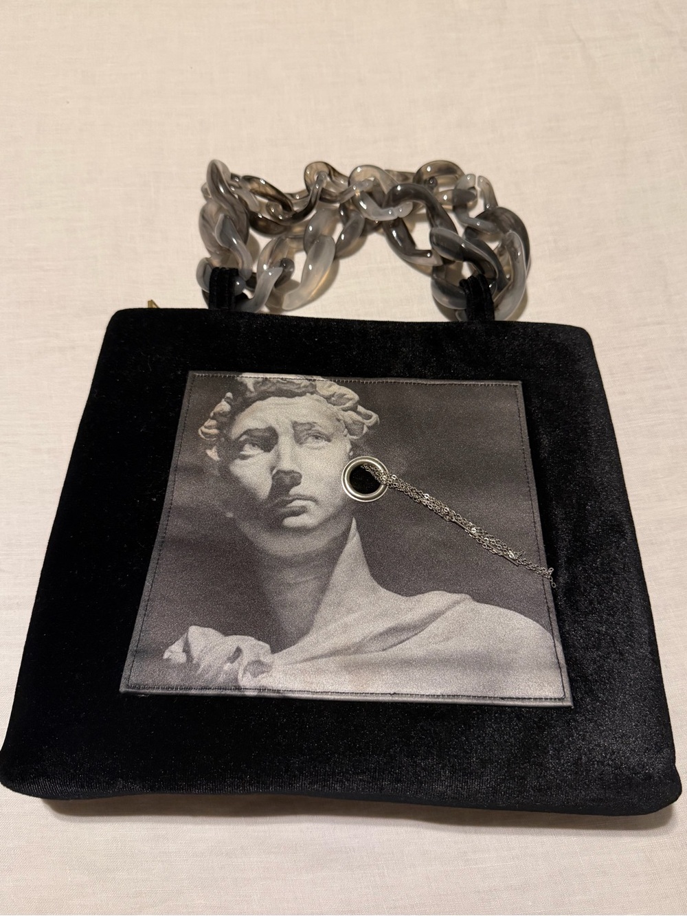 Black Velvet Sculpture Print Purse with Acrylic Chain Handle